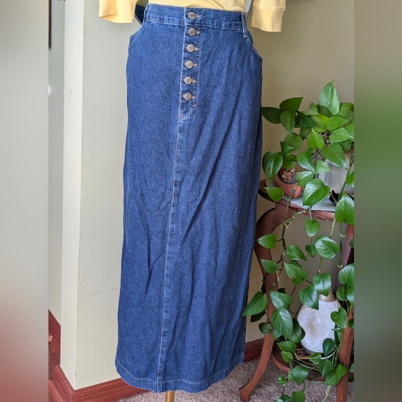 Vtg Wrangler Women's Size 19L Denim Blue Jean Button Front Pencil Skirt - Picture 1 of 7